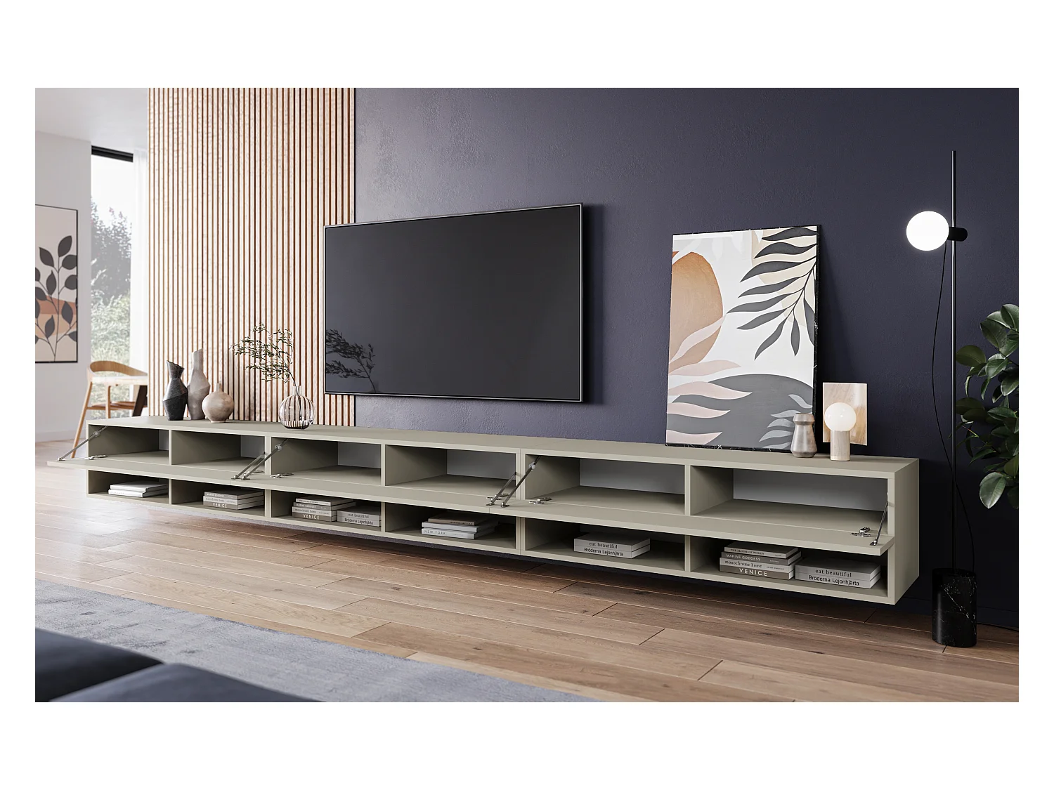 Meuble TV moderne 300 cm avec LED – sans poignées, beige cachemire mat, posé au sol ou suspendu