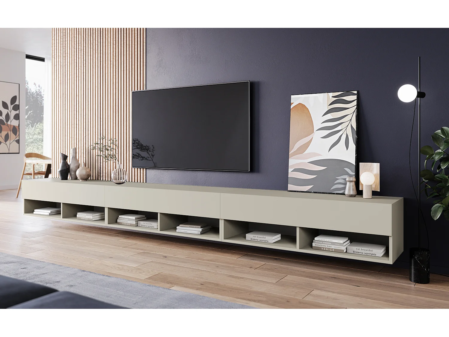 Meuble TV moderne 300 cm avec LED – sans poignées, beige cachemire mat, posé au sol ou suspendu