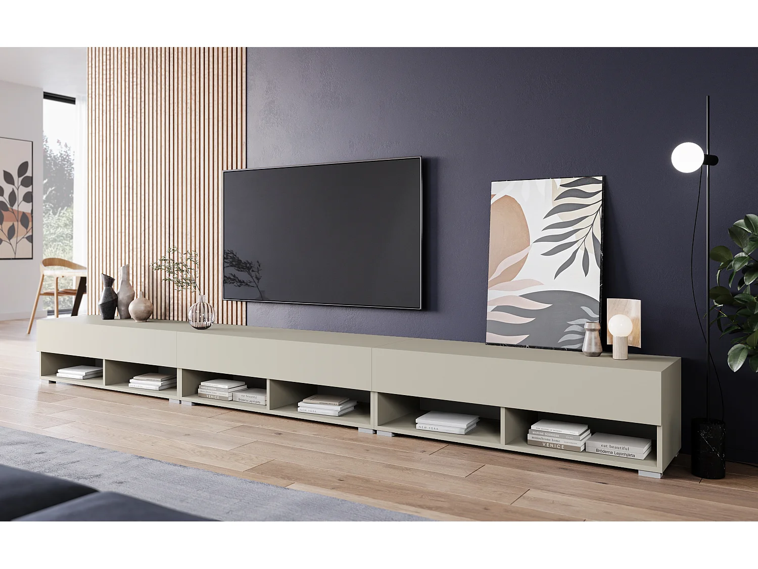 Meuble TV moderne 300 cm avec LED – sans poignées, beige cachemire mat, posé au sol ou suspendu