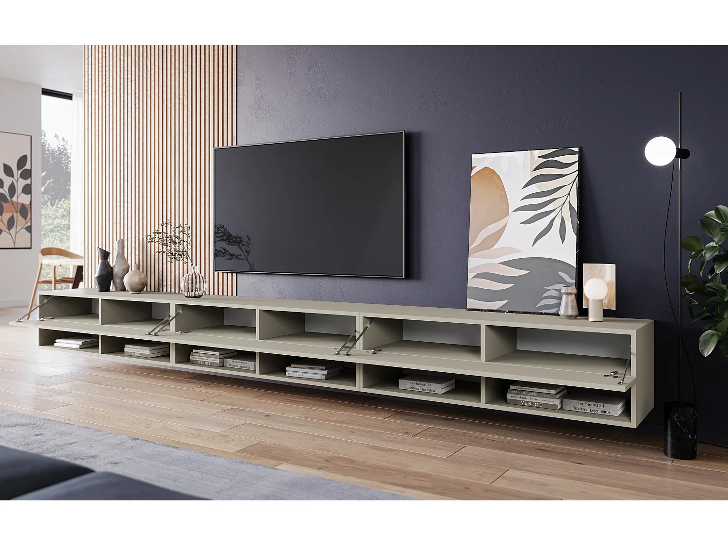 Meuble TV moderne 300 cm avec LED – sans poignées, beige cachemire mat, posé au sol ou suspendu