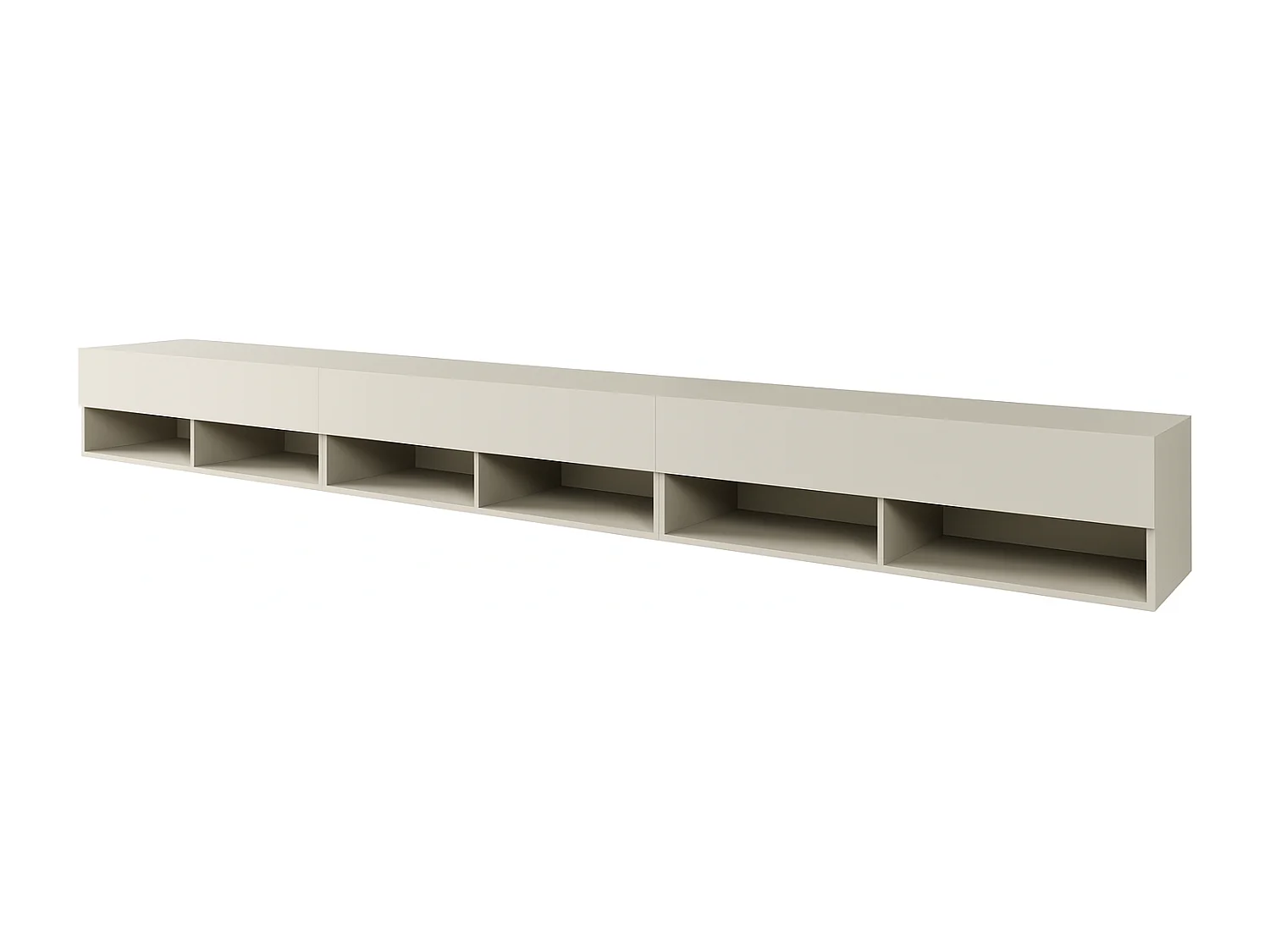 Meuble TV moderne 300 cm avec LED – sans poignées, beige cachemire mat, posé au sol ou suspendu