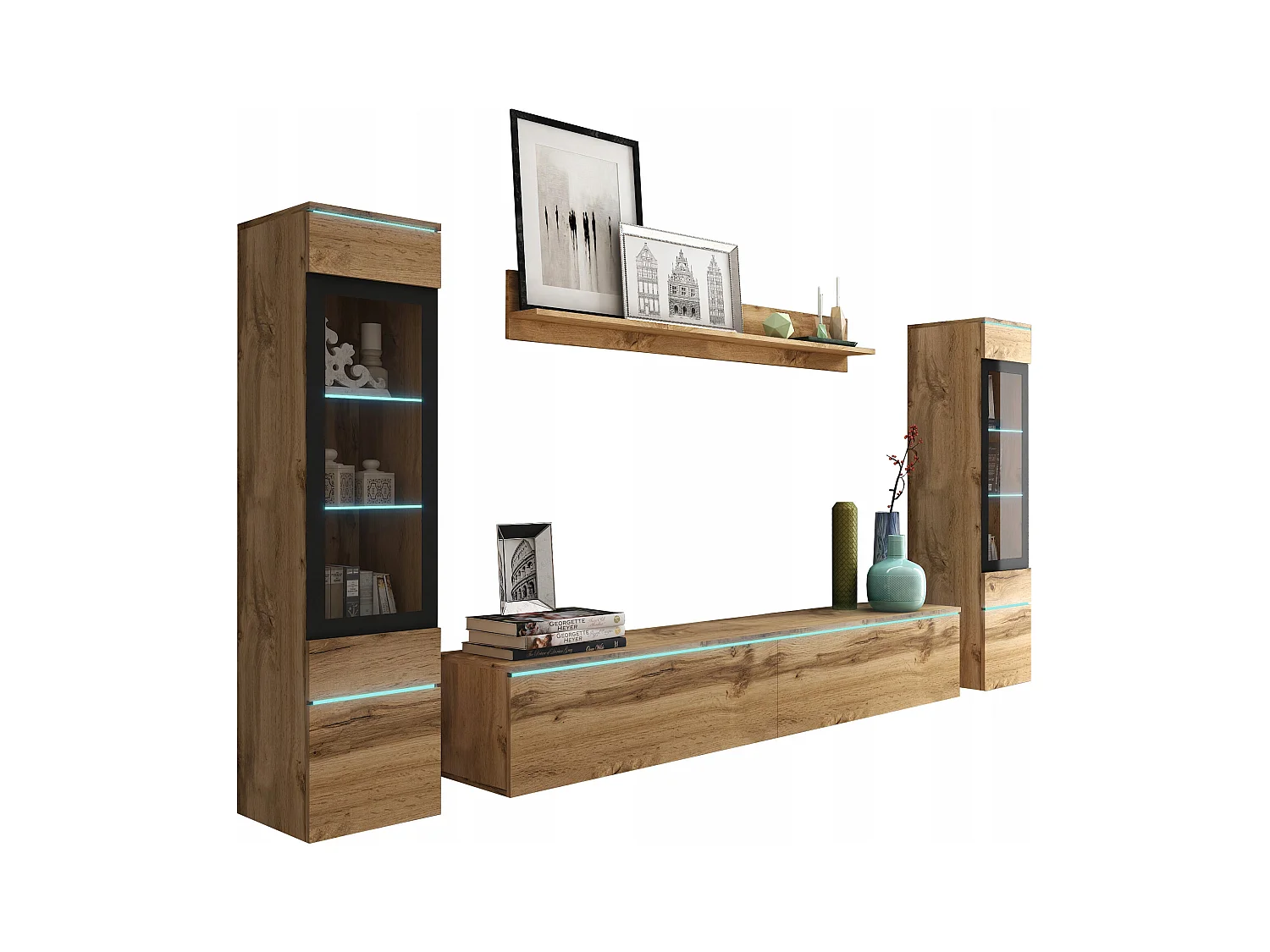 Woonkamer meubelset met LED 4 elementen – TV-meubel 180 cm, 2 vitrines en plank, wandmeubel staand of hangend eik Wotan