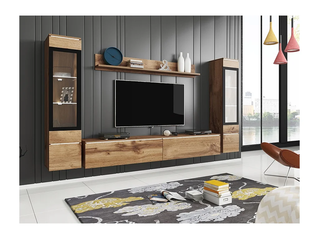 Woonkamer meubelset met LED 4 elementen – TV-meubel 180 cm, 2 vitrines en plank, wandmeubel staand of hangend eik Wotan