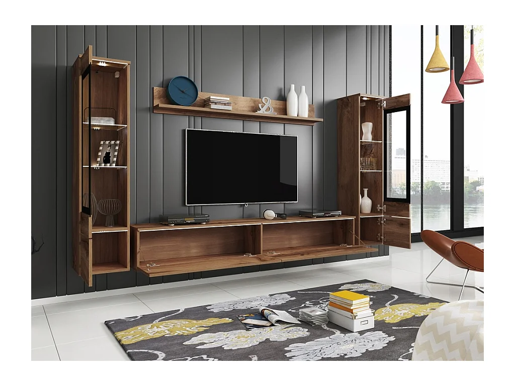 Woonkamer meubelset met LED 4 elementen – TV-meubel 180 cm, 2 vitrines en plank, wandmeubel staand of hangend eik Wotan