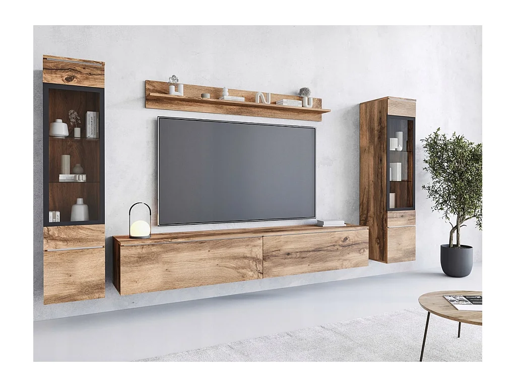 Woonkamer meubelset met LED 4 elementen – TV-meubel 180 cm, 2 vitrines en plank, wandmeubel staand of hangend eik Wotan