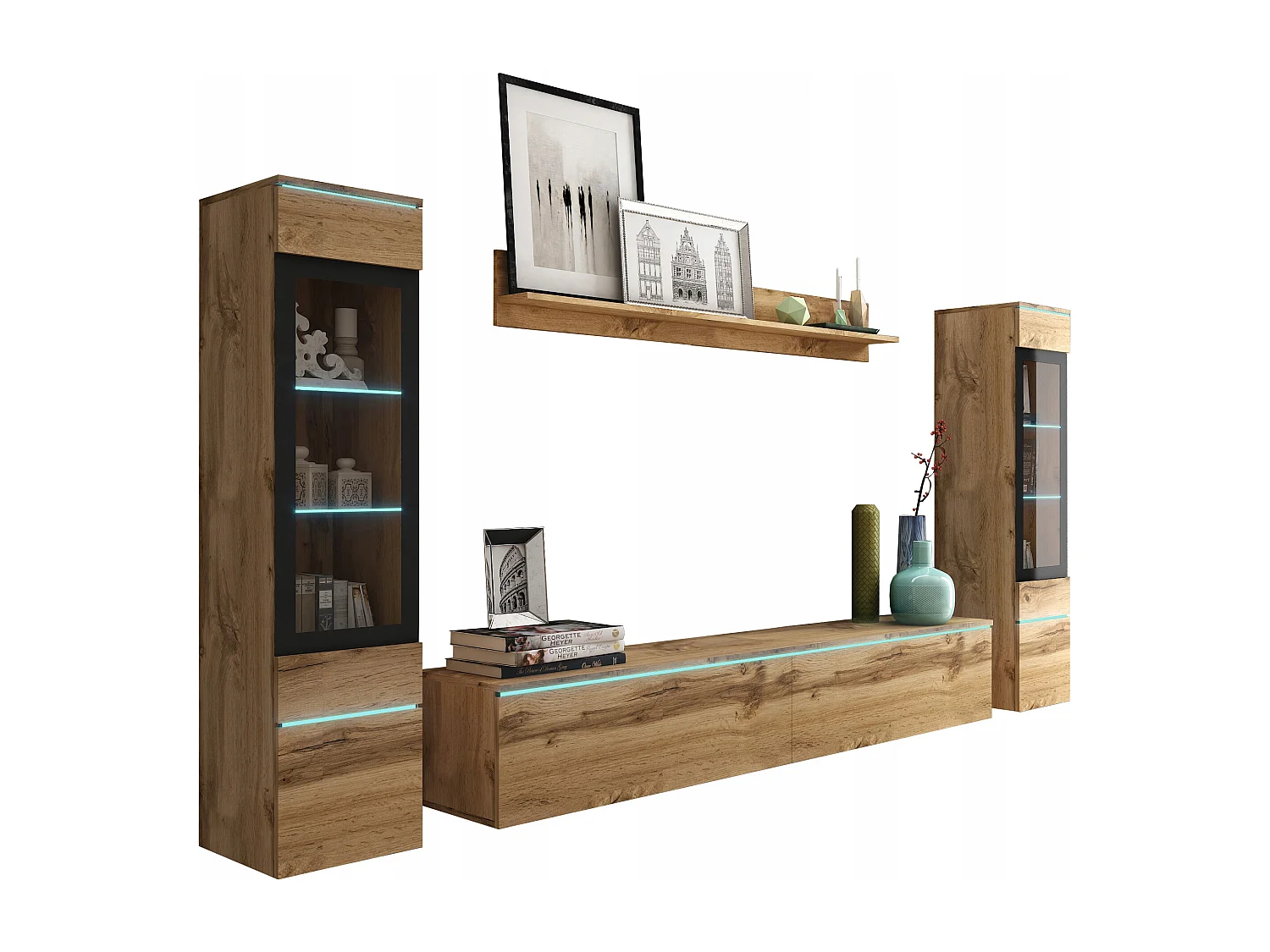 Ensemble de meubles pour salon avec LED 4 éléments – meuble TV 180 cm, 2 vitrines et étagère, composition murale debout ou suspendue chêne Wotan