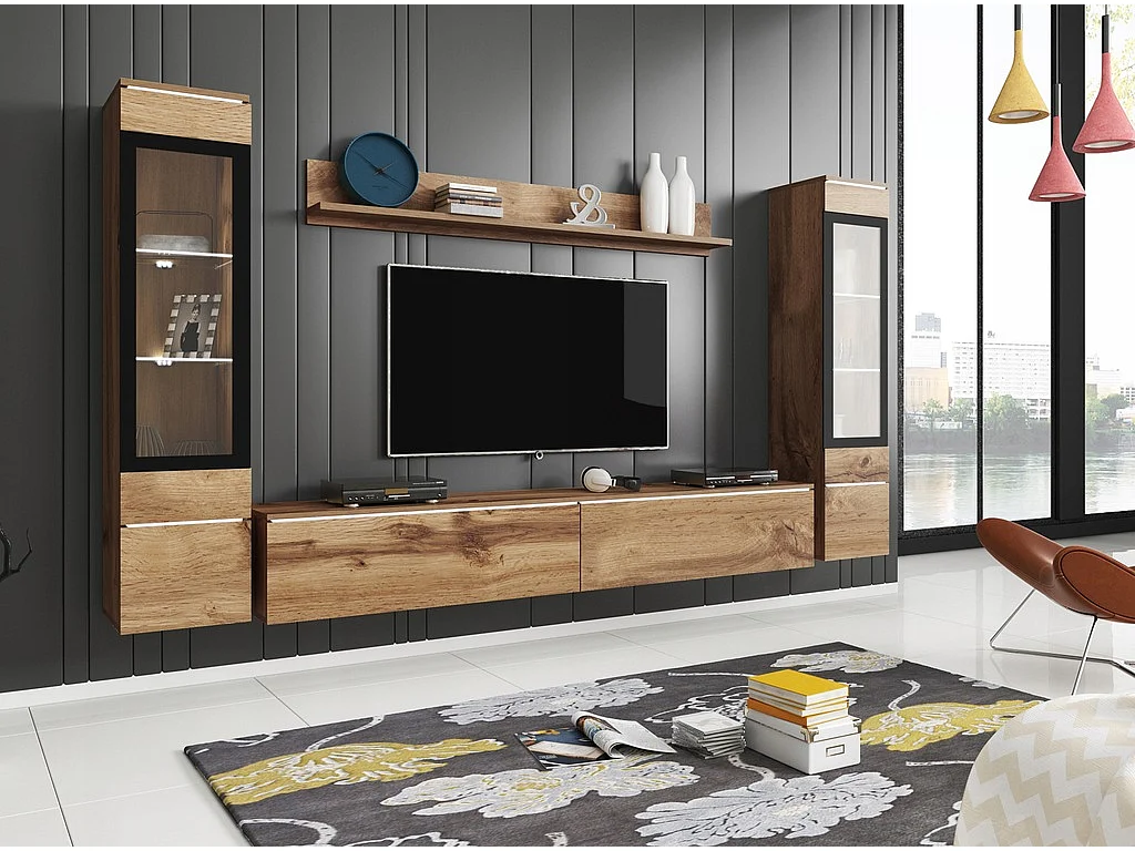 Ensemble de meubles pour salon avec LED 4 éléments – meuble TV 180 cm, 2 vitrines et étagère, composition murale debout ou suspendue chêne Wotan