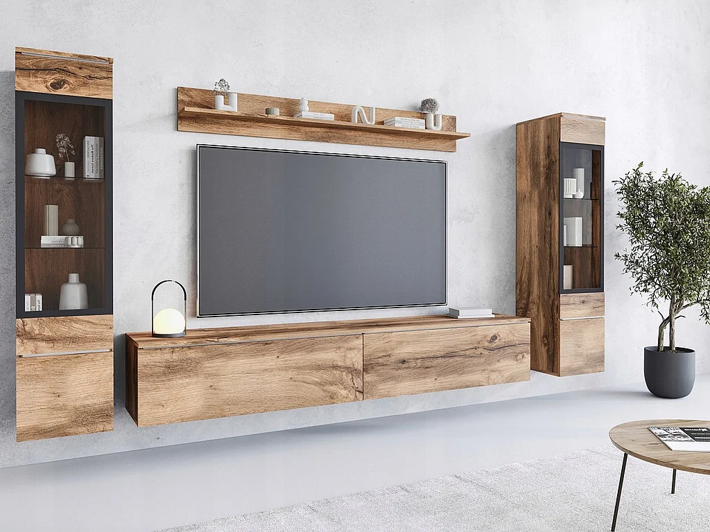Ensemble de meubles pour salon avec LED 4 éléments – meuble TV 180 cm, 2 vitrines et étagère, composition murale debout ou suspendue chêne Wotan