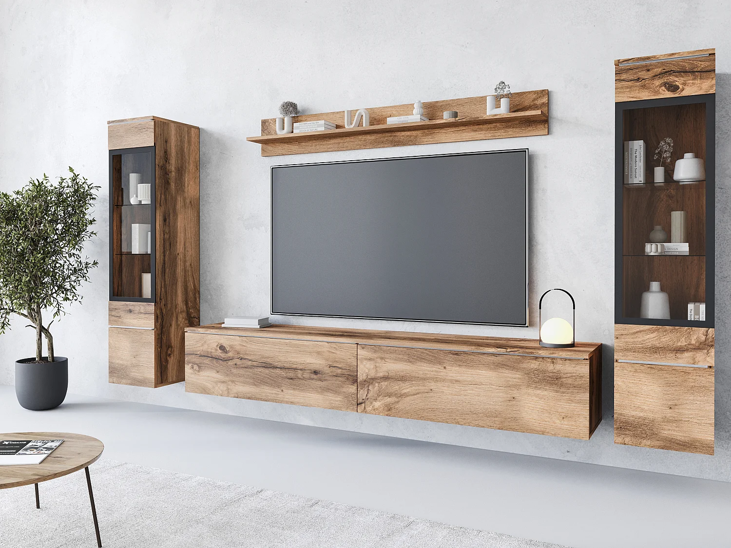 Modern LED TV-väggmonteringsenhet - 4 Element, 180 cm TV-stativ, 2 Glas Skåp, Ek Wotan Finish