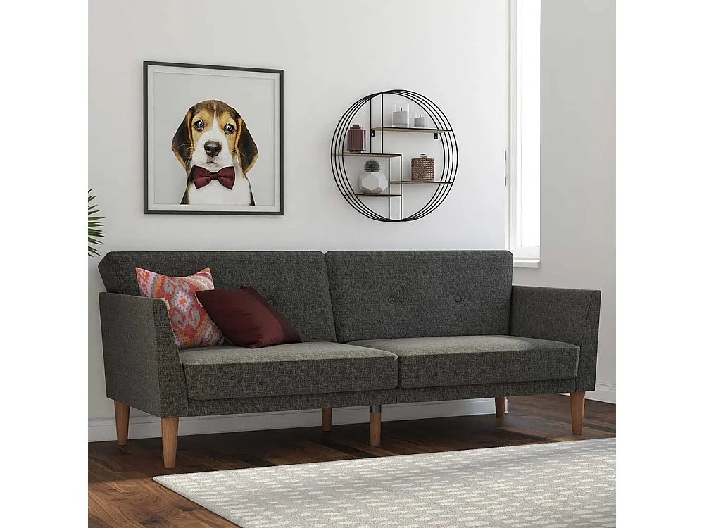 Graues Schlaf Klappsofa mit Vierfußgestell aus Holz 204 cm breit