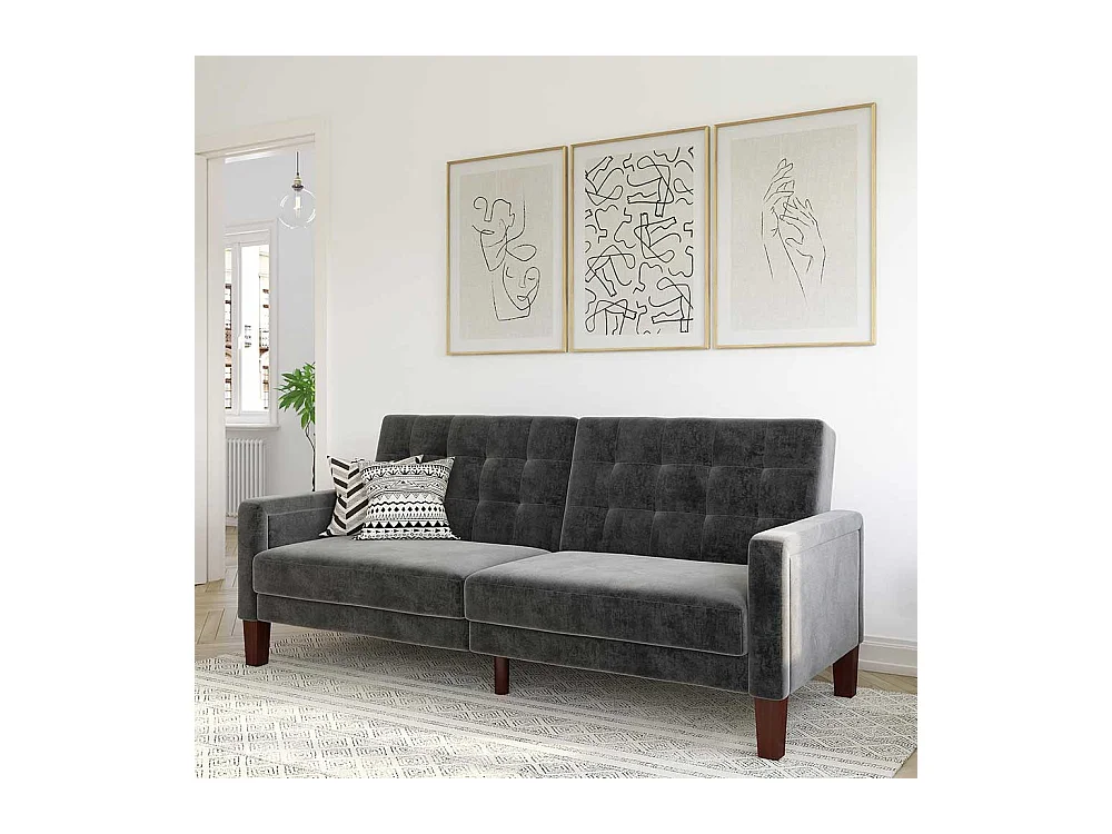 Retro Stil Klappcouch in Grau Samt Fußgestell aus Holz