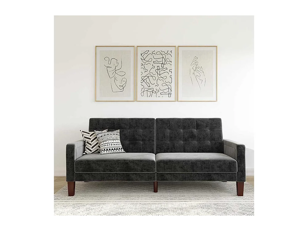 Retro Stil Klappcouch in Grau Samt Fußgestell aus Holz