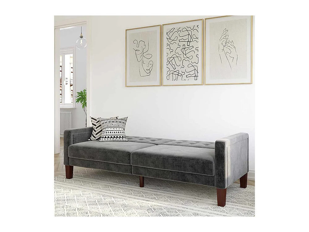 Retro Stil Klappcouch in Grau Samt Fußgestell aus Holz