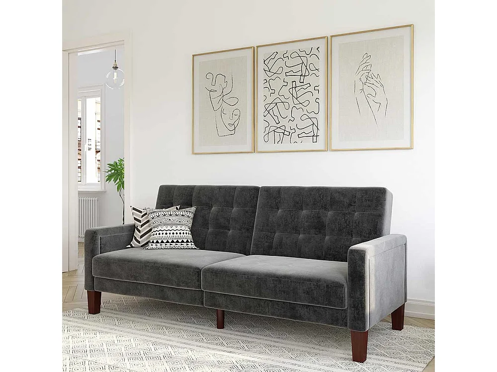 Retro Stil Klappcouch in Grau Samt Fußgestell aus Holz