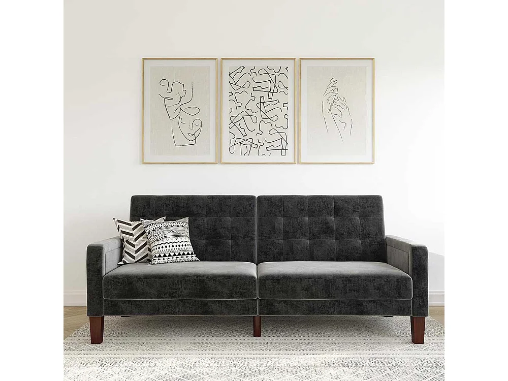 Retro Stil Klappcouch in Grau Samt Fußgestell aus Holz