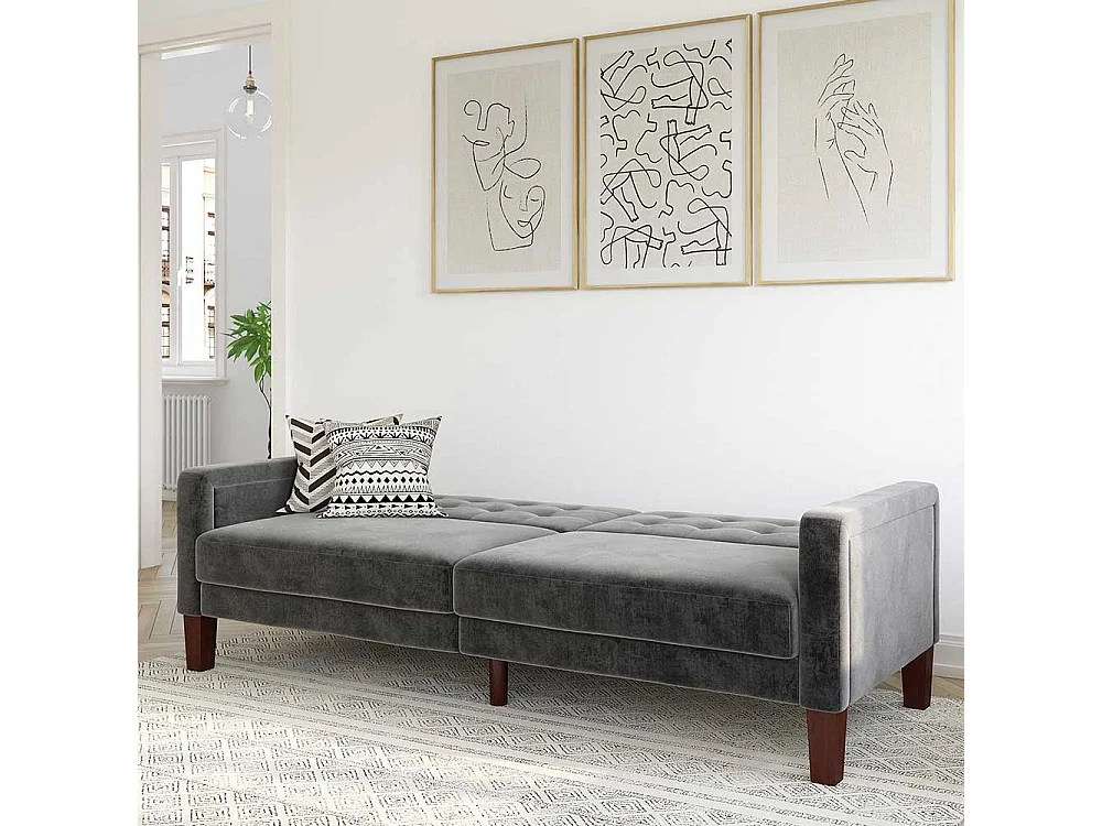 Retro Stil Klappcouch in Grau Samt Fußgestell aus Holz