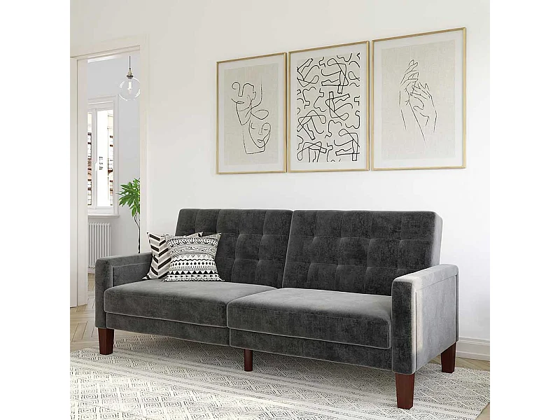 Retro Stil Klappcouch in Grau Samt Fußgestell aus Holz