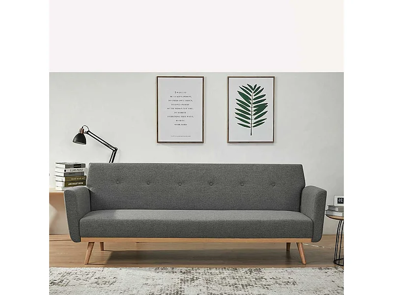 Dreisitzer Sofa in Dunkelgrau und Holz Naturfarben Rücken Klappmechanik