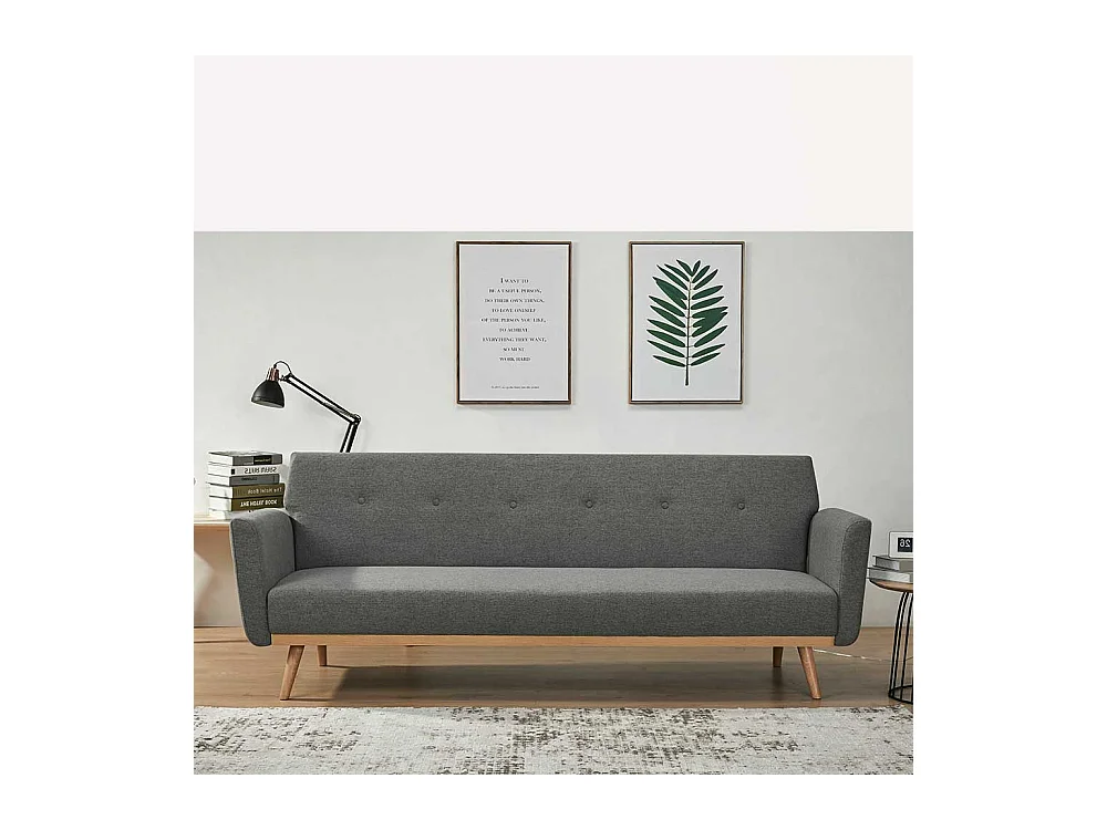 Dreisitzer Sofa in Dunkelgrau und Holz Naturfarben Rücken Klappmechanik