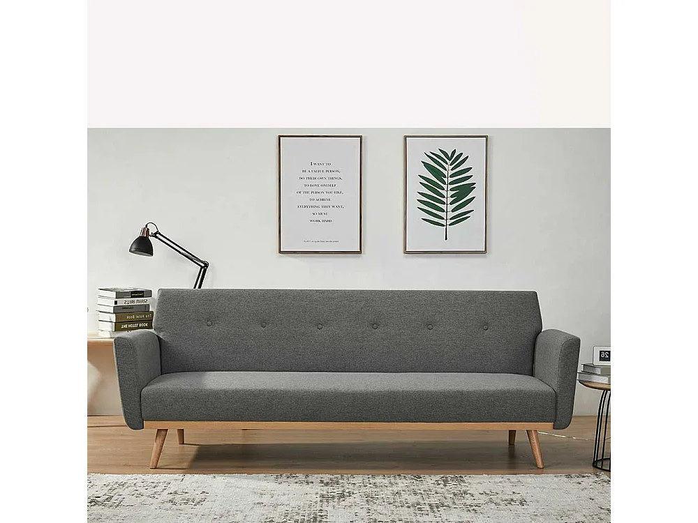 Dreisitzer Sofa in Dunkelgrau und Holz Naturfarben Rücken Klappmechanik