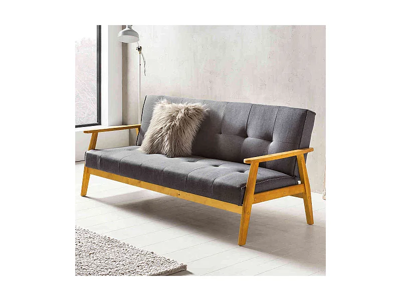 Retro Couch in Dunkelgrau Webstoff Schlaffunktion