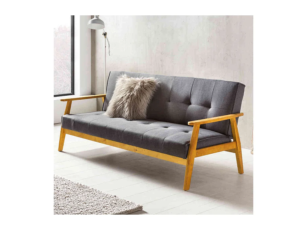 Retro Couch in Dunkelgrau Webstoff Schlaffunktion