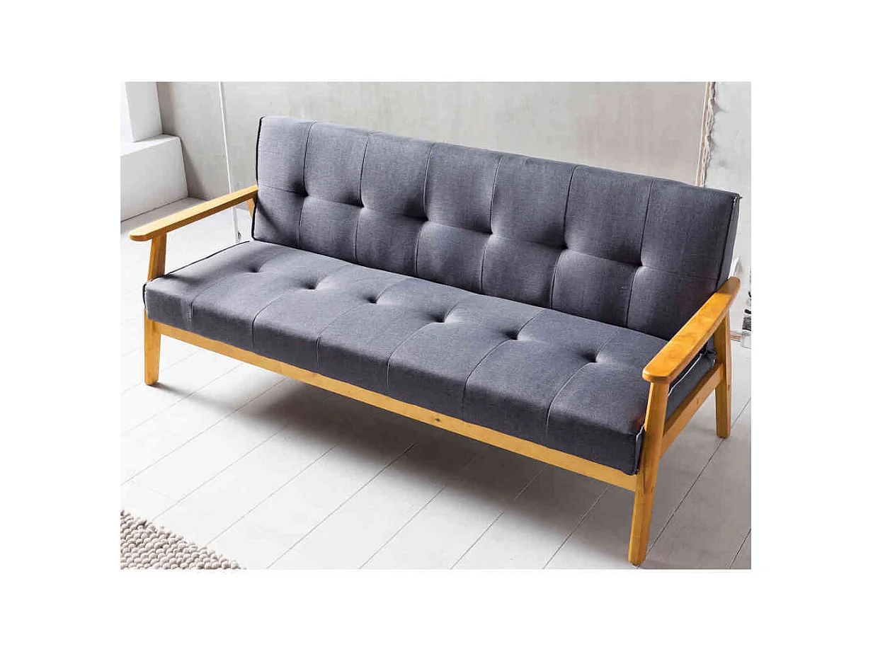 Retro Couch in Dunkelgrau Webstoff Schlaffunktion