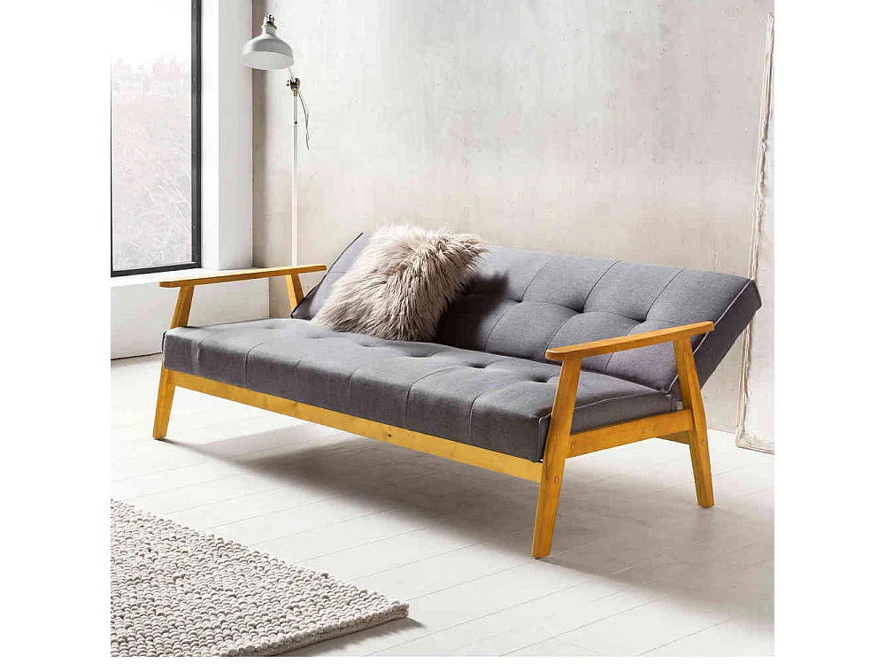 Retro Couch in Dunkelgrau Webstoff Schlaffunktion
