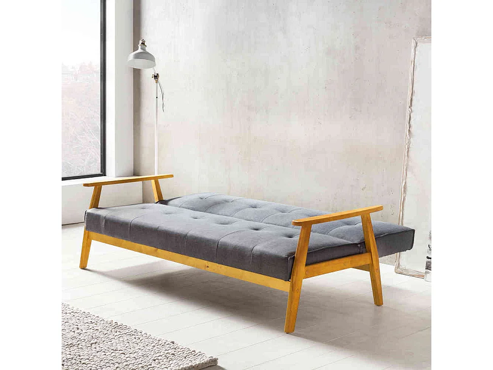 Retro Couch in Dunkelgrau Webstoff Schlaffunktion