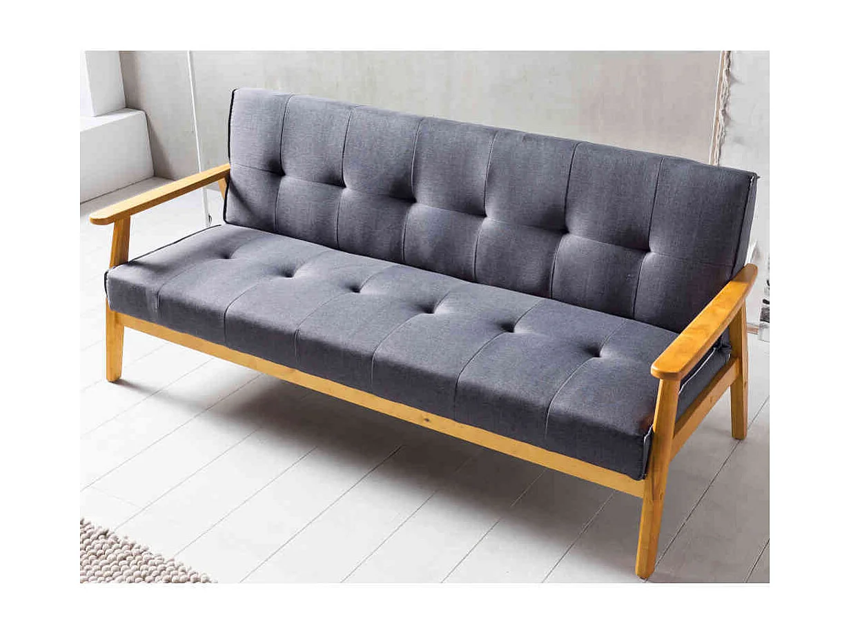 Retro Couch in Dunkelgrau Webstoff Schlaffunktion