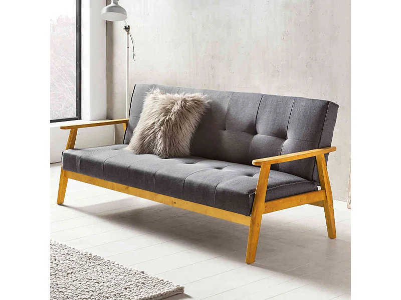 Retro Couch in Dunkelgrau Webstoff Schlaffunktion