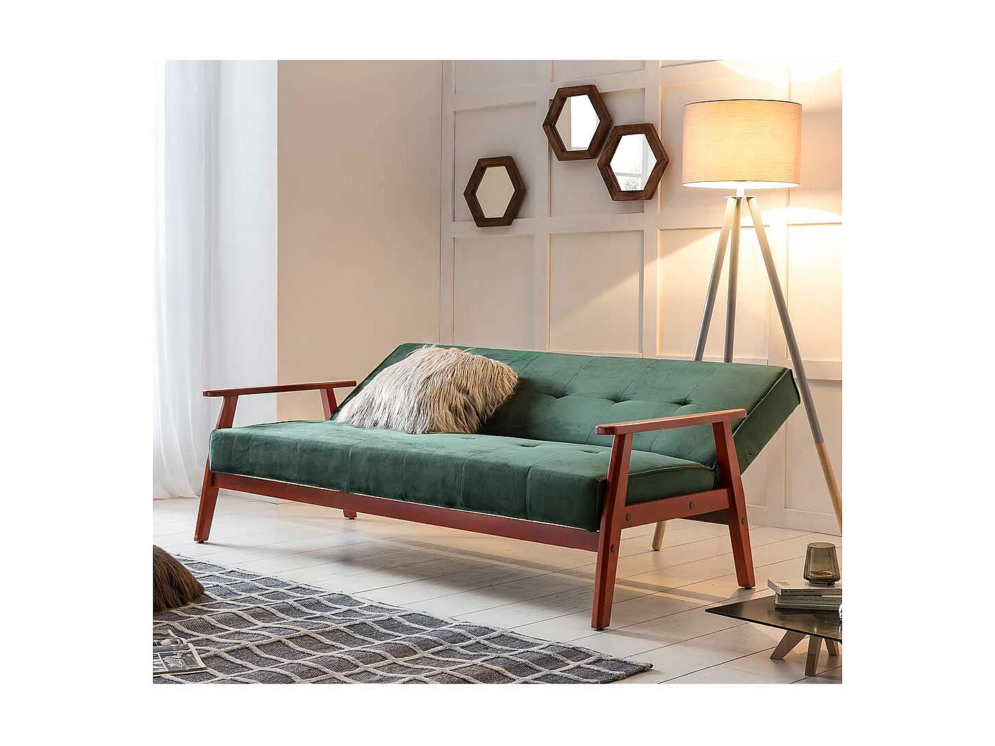 Samt Sofa in Dunkelgrün Schlaffunktion