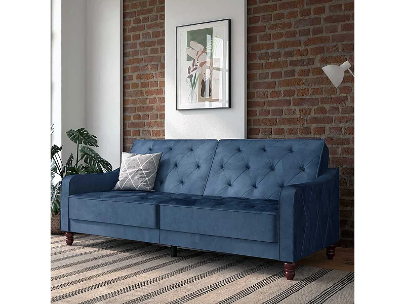 Samtbezug Schlafsofa blau im Retrostil Rücken Klappmechanik