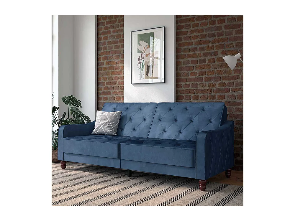 Samtbezug Schlafsofa blau im Retrostil Rücken Klappmechanik