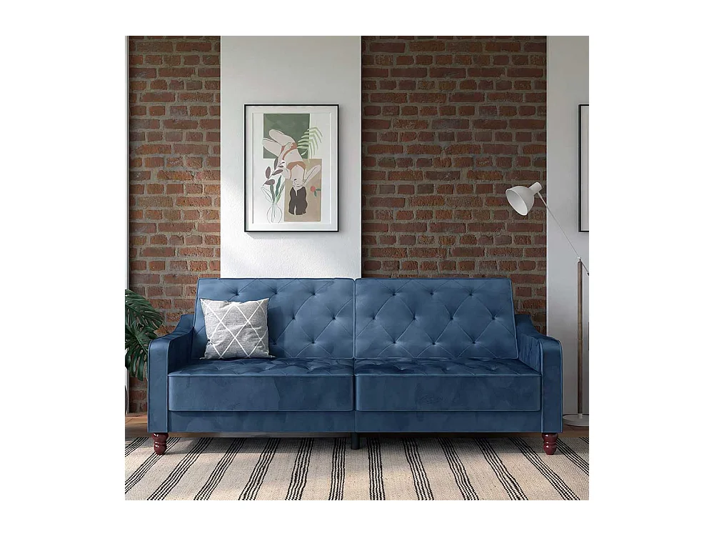 Samtbezug Schlafsofa blau im Retrostil Rücken Klappmechanik