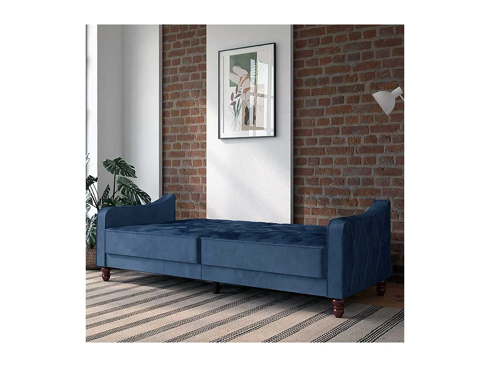 Samtbezug Schlafsofa blau im Retrostil Rücken Klappmechanik