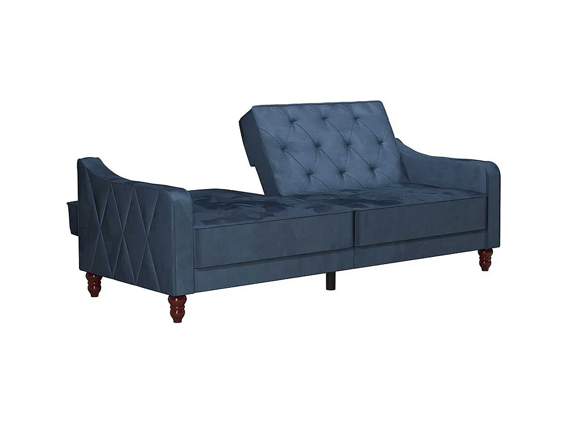 Samtbezug Schlafsofa blau im Retrostil Rücken Klappmechanik