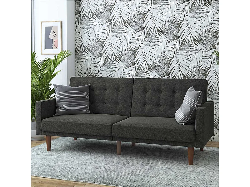 Bettcouch Retro Stil in Grau Stoff Rücken Klappmechanik