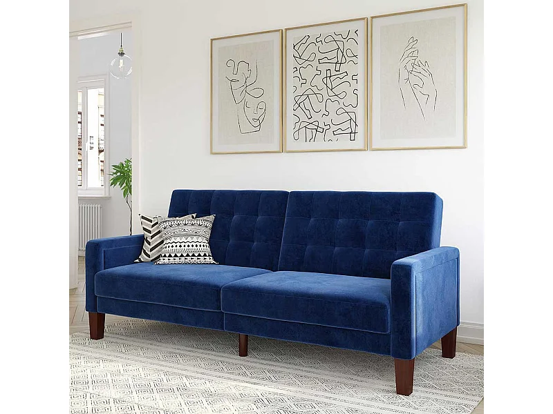 Zweisitzer Schlafsofa Samt in Blau Rücken Klappmechanik