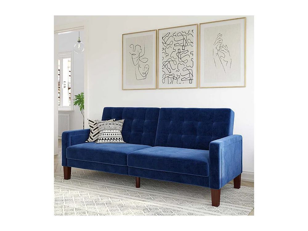 Zweisitzer Schlafsofa Samt in Blau Rücken Klappmechanik