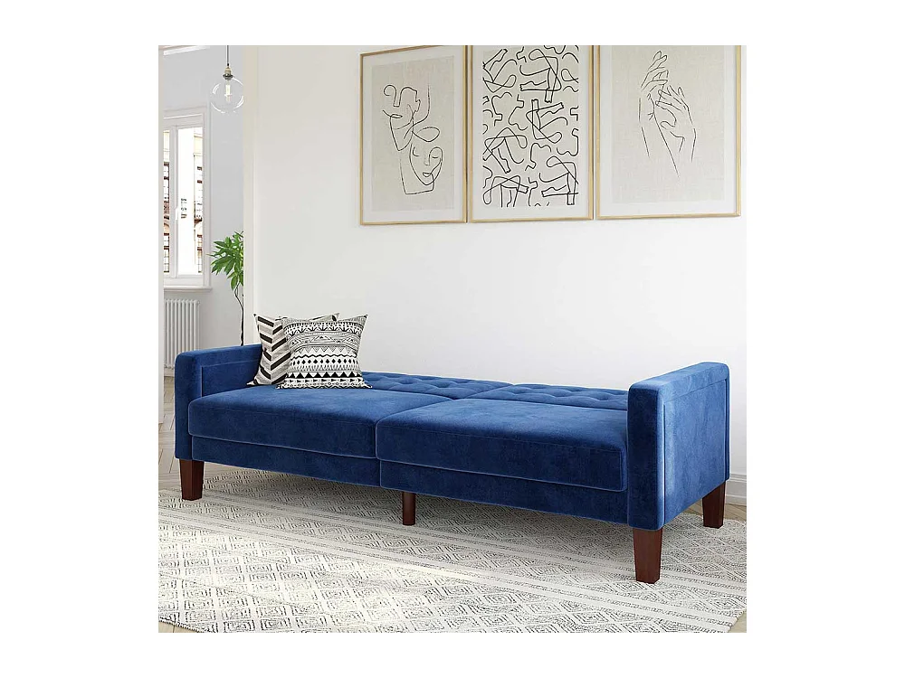 Zweisitzer Schlafsofa Samt in Blau Rücken Klappmechanik