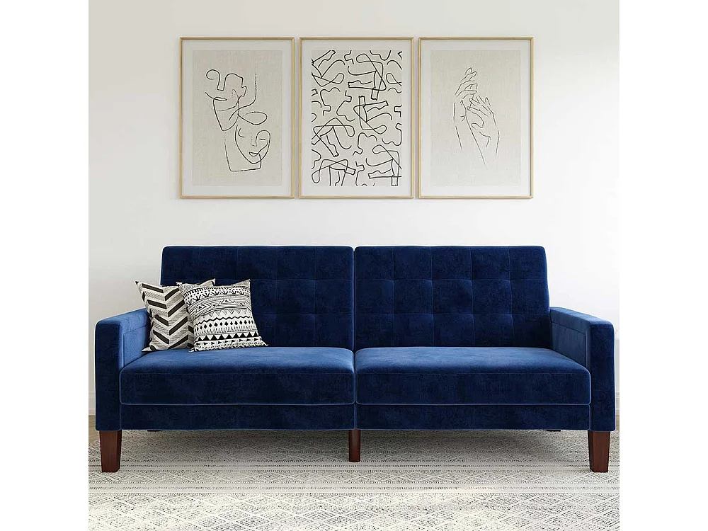 Zweisitzer Schlafsofa Samt in Blau Rücken Klappmechanik