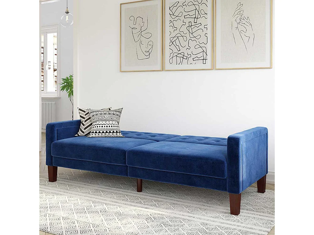 Zweisitzer Schlafsofa Samt in Blau Rücken Klappmechanik