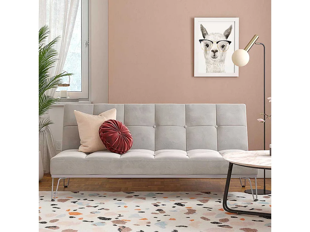 Klappsofa mit Metallgestell in Hellgrau Bezug aus Samt