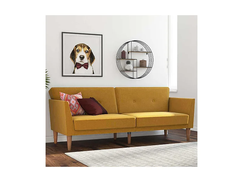 Funktionssofa Senfgelb im Retrostil Rücken Klappmechanik