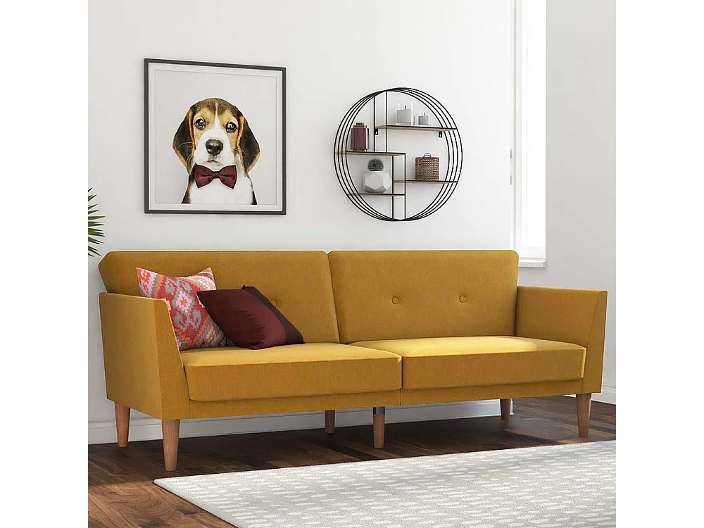 Funktionssofa Senfgelb im Retrostil Rücken Klappmechanik