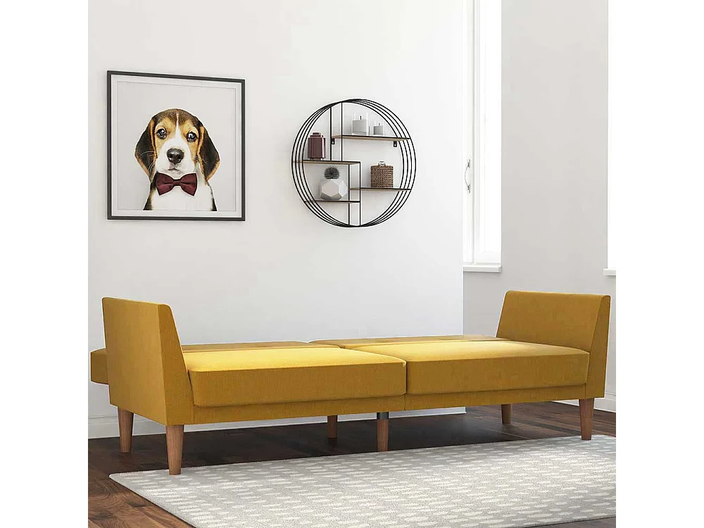 Funktionssofa Senfgelb im Retrostil Rücken Klappmechanik