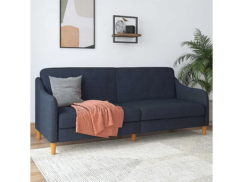 Sofa zum Ausklappen in Dunkelblau Stoff Fußgestell aus Holz