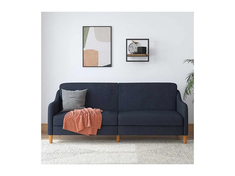 Sofa zum Ausklappen in Dunkelblau Stoff Fußgestell aus Holz