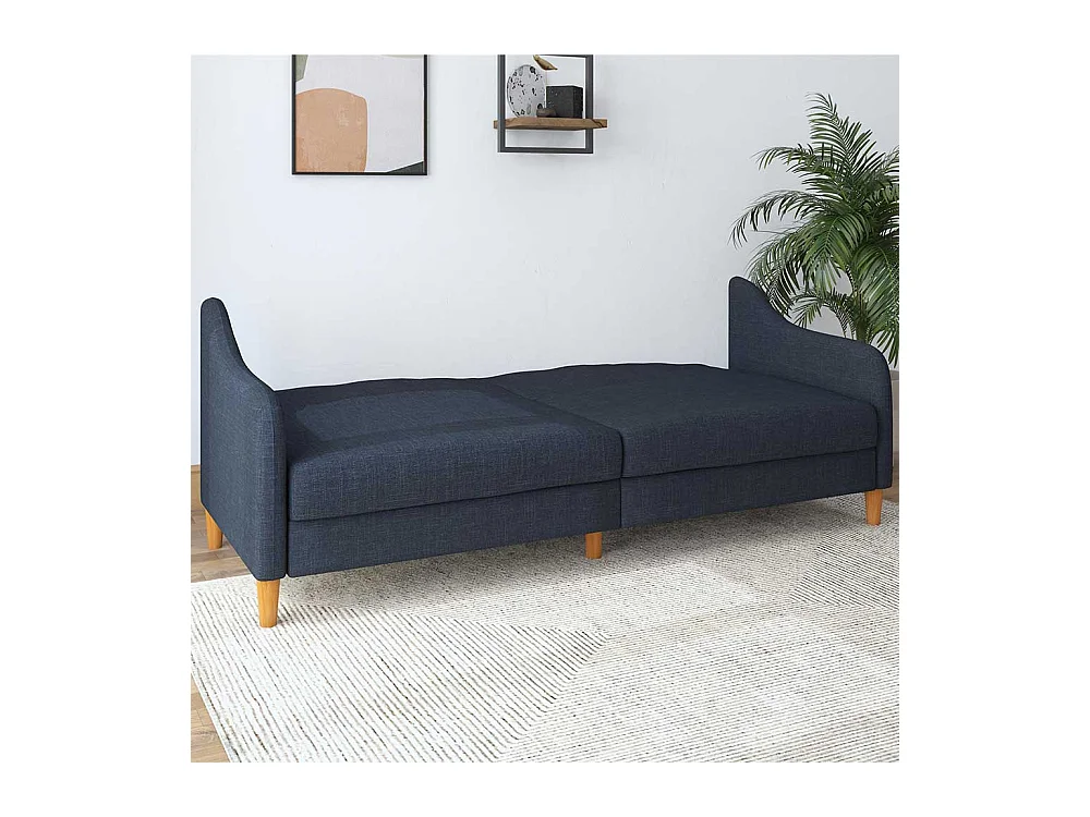 Sofa zum Ausklappen in Dunkelblau Stoff Fußgestell aus Holz